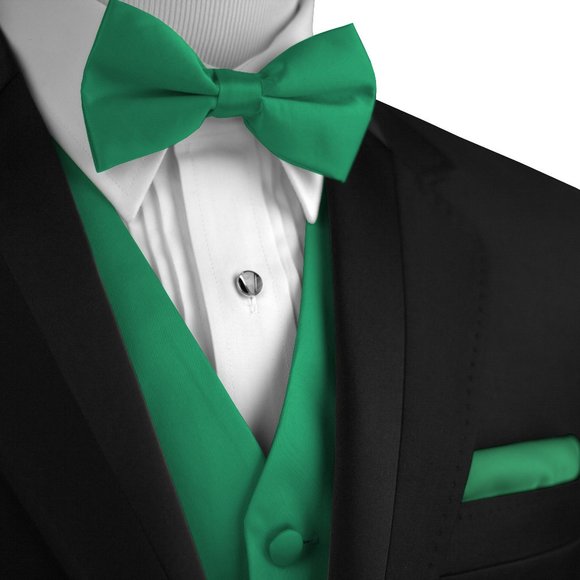 Men's Formal Wedding Prom Homecoming Tuxedo Vest Bow-Tie Hankie - Green Satin - Picture 1 of 4